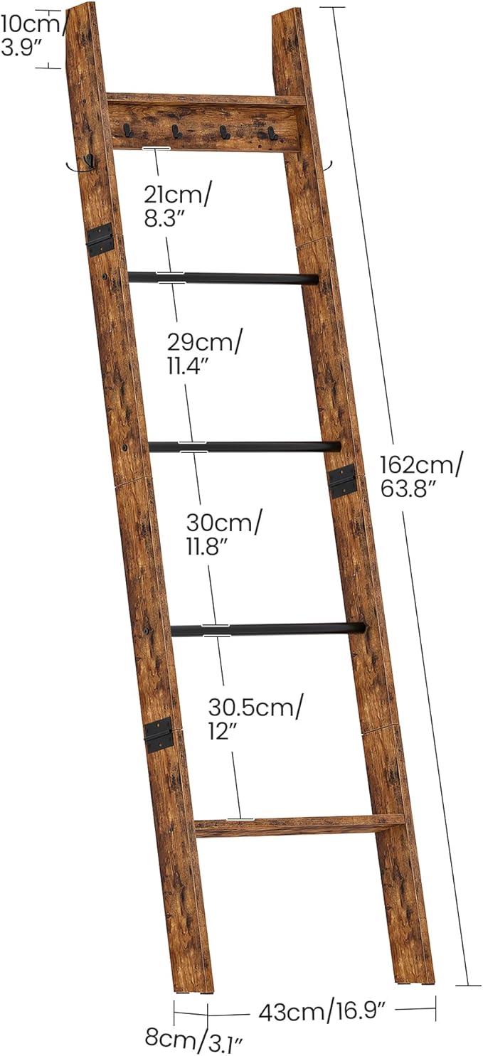 CHOEZON 5-Tier Blanket Ladder, Wooden Blanket Display Rack, Towel Ladder with Hooks, Wall Leaning Display Shelf, for Living Room, Bedroom, Balcony, Rustic Brown and Black MCJ02FG
