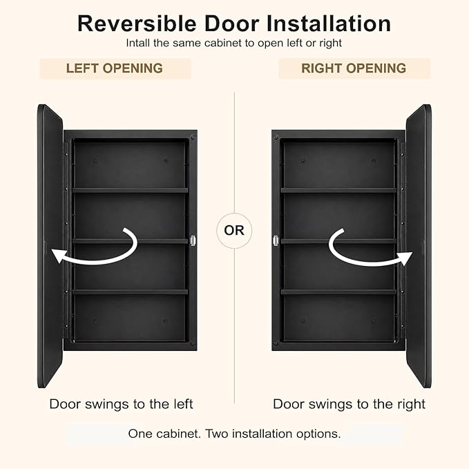 Fundin Black Plastic Medicine Cabinet, Mirror Door with Round Corner Metal Frame, Recessed and Surface Mount Bathroom Wall Medicine Cabinet, 16 x 28 inch Mirror Size