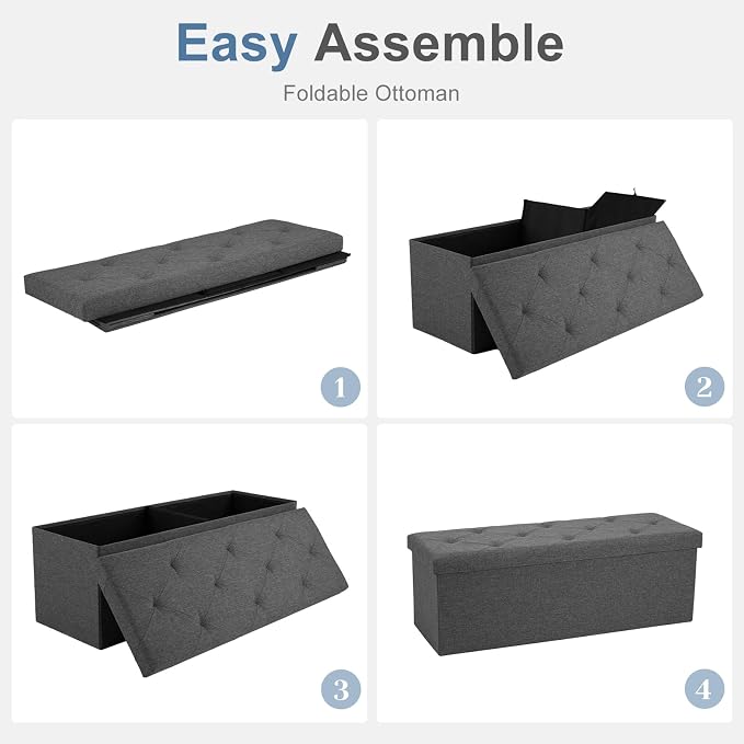 DUMOS 43 Inch Folding Storage Ottoman Bench, Spacious Hidden Organizer with Foam Cushioned Top, End of Bed Foot Rest Stool for Bedroom Living Room Entryway, Supports Up to 660 LBS, Linen Fabric, Gray