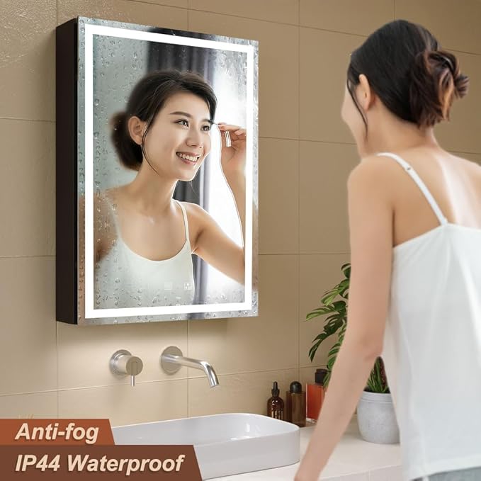 KWW LED Lighted Bathroom Medicine Cabinet with Backlit Panel, Sockets & USBs. Anti-Fog, Dimmable, 3 Color Light Makeup Mirror, Easy to Install, Wall Mounted (Inner Glow-Left hinge-20 * 28)