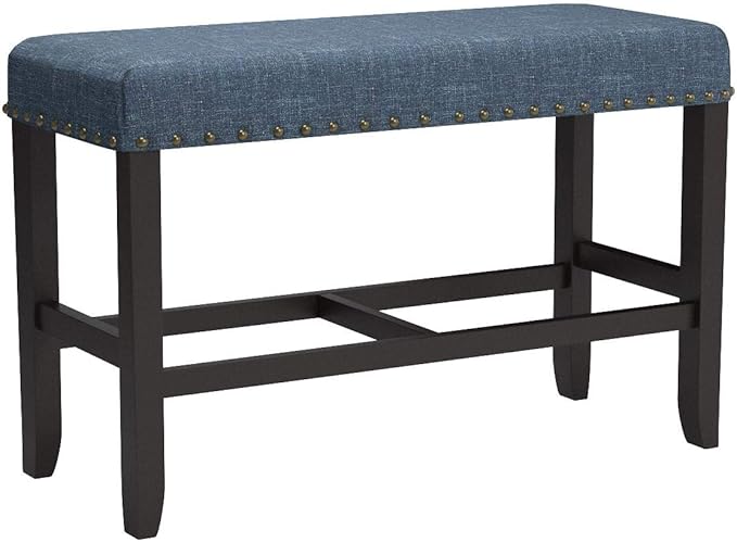 Roundhill Furniture PB162BU Biony Fabric Counter Height Dining Bench with Nailhead Trim, Blue