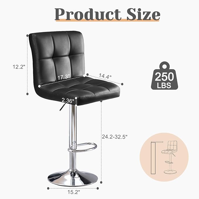 Sweetcrispy Bar Stools Set of 4, Armless PU Leather Adjustable Swivel Barstools, Hydraulic Kitchen Counter Height Thickened Seat Cushion Square Island Countertop Chairs with Back, Black
