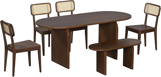 Merax 6 Pieces Modern Dining Set for 6, 71" Oval Rubberwood Dining Table with Bench and 4 Rattan Backrest Chairs for Dining Room, Living Room, Kitchen, Brown