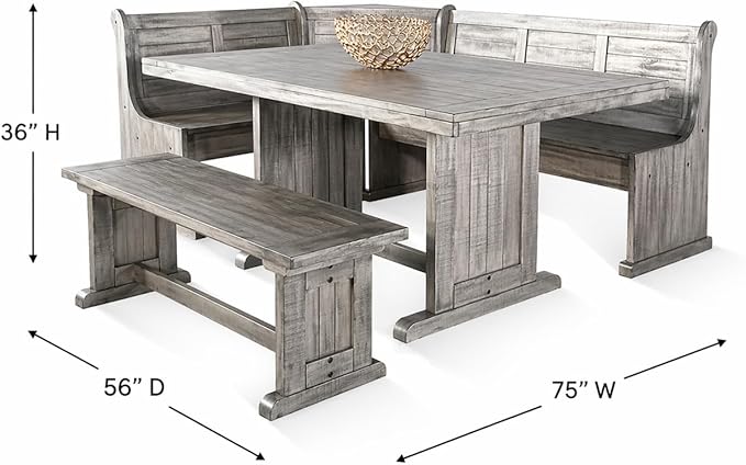 Pemberly Row 4-Pieces Dining Set Wood, Rectangular in Alpine Gray (36" H x 75" W x 56" D) for Kitchen, Dining Room with Table, Reversable Benches, and Storage Space
