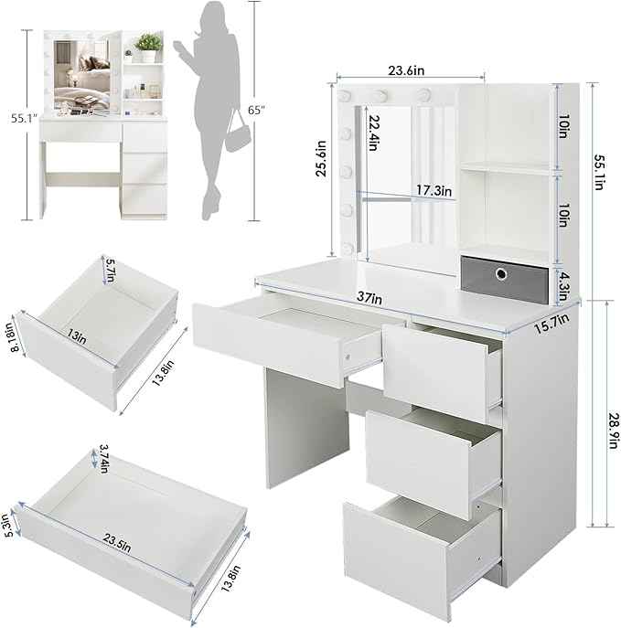 Vabches Makeup Vanity with Lights, 37inch Vanity Desk, 4 Large Drawers Dresser with Lighted Mirror, 3 Lighting Modes Brightness Adjustable, White