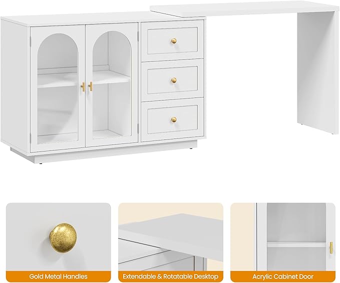 RoyalCraft 83” Large Makeup Vanity Desk, White Corner Vanity Table with 3 Drawer & 2 Door, Modern Extendable Dressing Table, Vanity Dresser Combo for Bedroom, Dressing Room (Without Mirror)