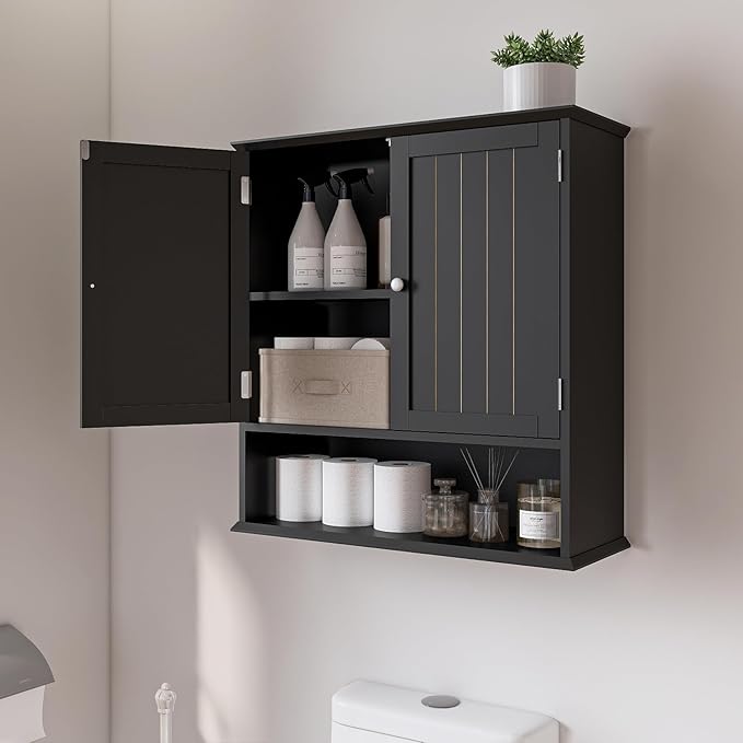 Viaozutis Over The Toilet Bathroom Wall Cabinet with 2 Doors and Open Shelf, Wooden Space Saving Storage Cabinet, Medicine Cabinet for Bathroom Organization,Black