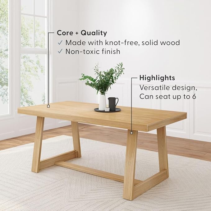 Plank+Beam 72 Inch Farmhouse Dining Table,Solid Wood Rustic Kitchen Table, for Dining Room, Home Office, Living Room Furniture, Easy Assembly, Blonde Wirebrush