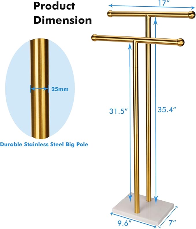WAYDELI Standing Towel Rack Double-T Shape Tall Bath Towel Sheet Holder with Marble Design Base for Bathroom 2 Tier Towel Holder Stand Stainless Steel (Brushed Gold)