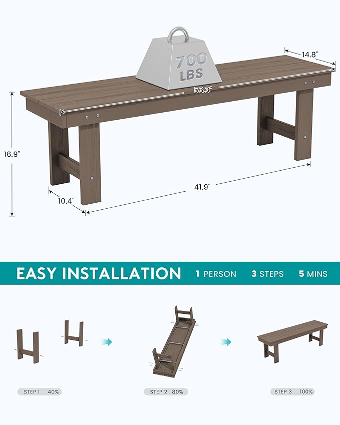 SERWALL 2-Person Outdoor Bench Backless, HDPE Outdoor Benches Weatherproof, 660 Lbs Weight Capacity, Poly Lumber Patio Furniture for Garden, Porch and Park, Coffee, 2 Pack