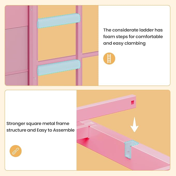 BTHFST Bunk Bed Twin Over Twin with 6 Large Fabric Drawers & 4 Storage Bookshelf, Metal Low Bunk Bed for Kids with LED Lights & Ladder and Guardrail, Space Saving, for Girls, Pink