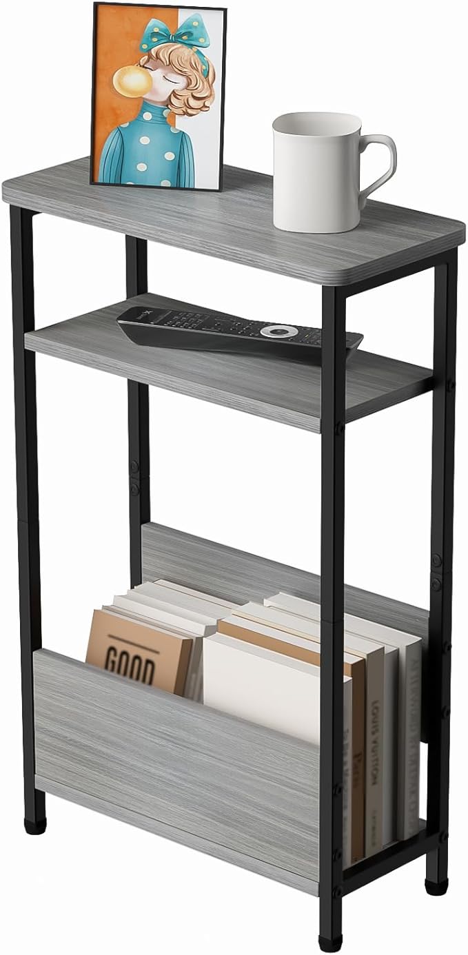 THUMEYE 7.1" Narrow Side Table for Small Spaces, 3 Tier Small End Table with Magazine Holder, Slim/Skinny Nightstand/Bedside Table for Living Room, Bedroom, 15.4" L x 24.2" H, Gray