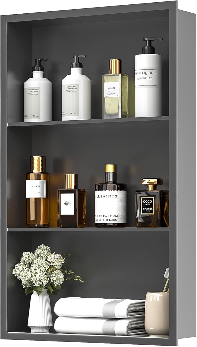 14x24 Recessed Medicine Cabinet, Bathroom Wall Cabinet, 304 Stainless Steel Recessed Wall Niche with 3-Tiers Shelves, Matte Gray