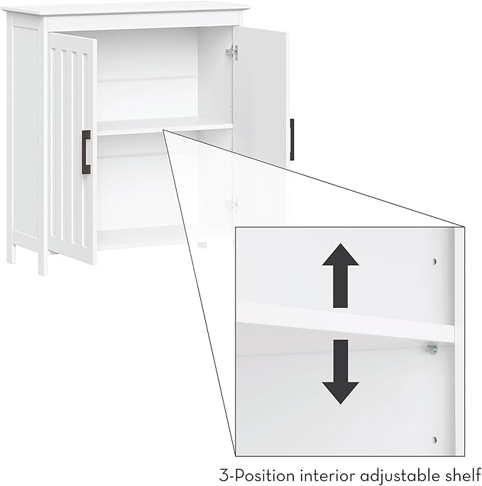 RiverRidge Monroe Two-Door Floor Storage Cabinet - Bathroom Storage Cabinet with Adjustable Shelves - Soft-Close Doors White Finish with Matte Black Handles