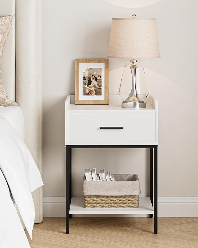 Nightstand, Modern Bedside Table with Drawer and Legs,White and Black Night Stand with Open Shelf, Narrow Side Table for Bedroom, Living Room