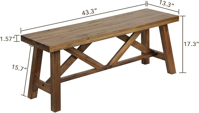 Wnutrees 43" Farmhouse Wood Bench, Rustic Solid Wood Entryway Bench Seat with Double X-Structure for Dining Area Living Room Hallway, Structural Stability, Natural