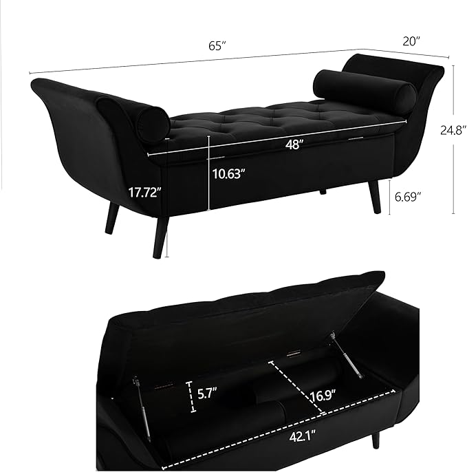Storage Bench for Bedroom End of Bed, 65" Velvet Upholstered Rolled Armed Button Tufted Stool Bench, Storage Ottoman Long Bench with with 2 Pillows for Entryway (Black)