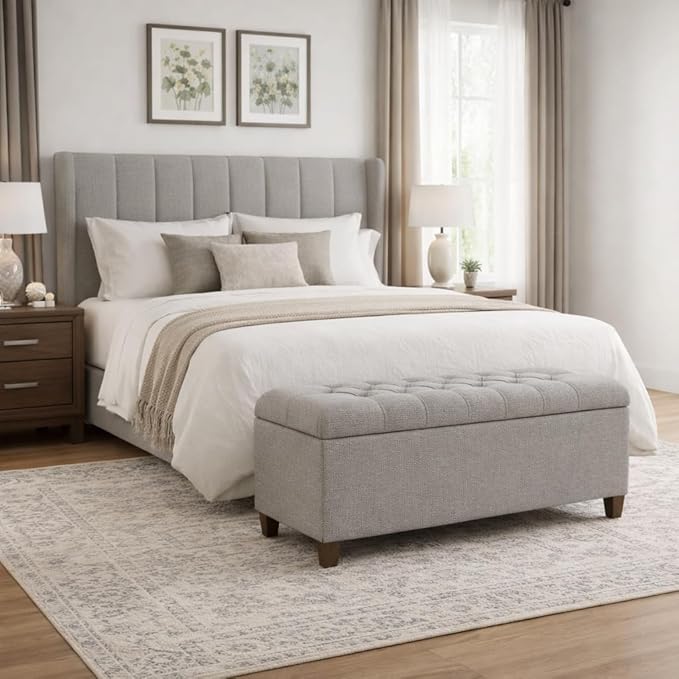 Homepop Home Decor Tufted Ainsley Button Storage Ottoman Bench with Hinged Lid Ottoman Bench with Storage for Living Room & Bedroom, Gray Fabric