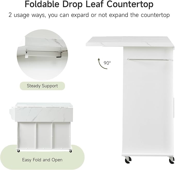 ONBRILL 47" Kitchen Island with 2 Storage Cabinets & 5 Drawers, Mobile Island Table for Kitchen with Imitation Marble Drop Leaf, Rolling Island Cart with Power Outlet & Spice Rack & Towel Rack, White