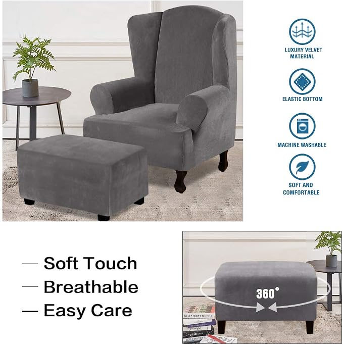 H.VERSAILTEX Real Velvet Plush 1 Piece Form Fit Stretch Rectangle Folding Storage Covers Ottoman Slipcovers Removable Footstool Protect Footrest Covers Elastic Bottom, Machine Washable(X-Large, Grey)