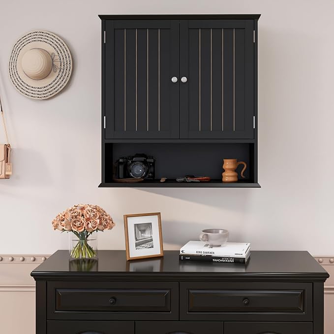 Viaozutis Over The Toilet Bathroom Wall Cabinet with 2 Doors and Open Shelf, Wooden Space Saving Storage Cabinet, Medicine Cabinet for Bathroom Organization,Black