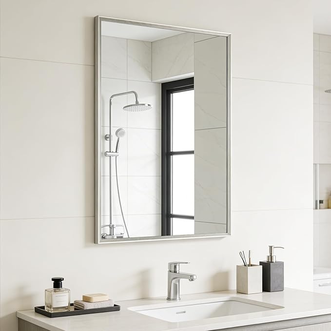 Bathroom Mirror for Wall, 20x30 Inch Metal Framed Mirror, Brushed Nickel Rectangle Mirror, Bathroom Vanity Mirror Farmhouse, Tempered Glass, Anti-Rust, Hangs Horizontally or Vertically