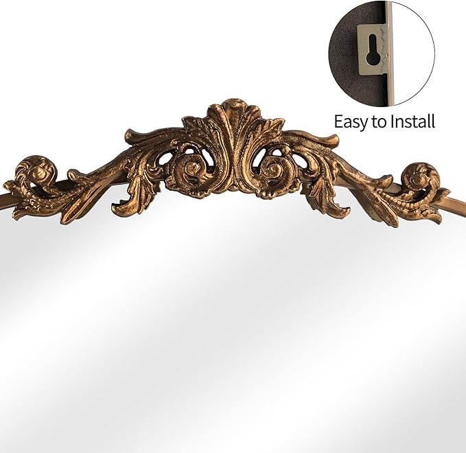 OUSHUAI Gold Traditional Vintage Ornate Baroque Mirror,Gold Brass Mirror for Wall,Victorian Antique Bronze Mirrors Arched for Bathroom/Living Room/Hallway/Fireplace 19"X27"