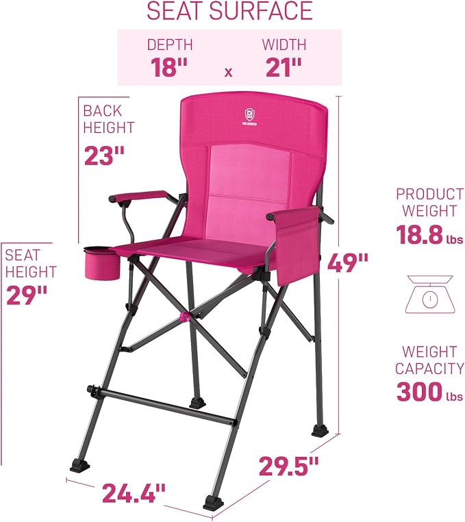 EVER ADVANCED Tall Camping Directors Chair with Cup Holder 31", Bar Height Folding Chair for Camping, Sports with Carry Bag, Mesh Pockets and Footrest, Heavy Duty 300 lbs, Pink