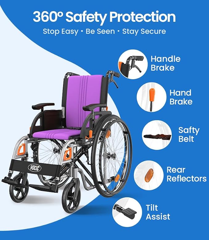 VOCIC Ultra Lightweight Wheelchair for Adults, 23lb Frame Portable Foldable Self-Propelled Wheelchairs for Seniors with Quick Release Wheels, Swing-Away Footrests,Flip-Back Arm, 300 lbs Purple