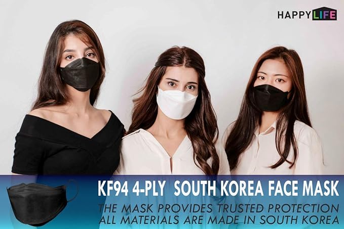 (Pack of 10) Black Disposable KF-94 Face Mask, 4-Layer Filters, Made in Korea, Nose Mouth Covering Dust Mask (individual Packed)(Black Color)