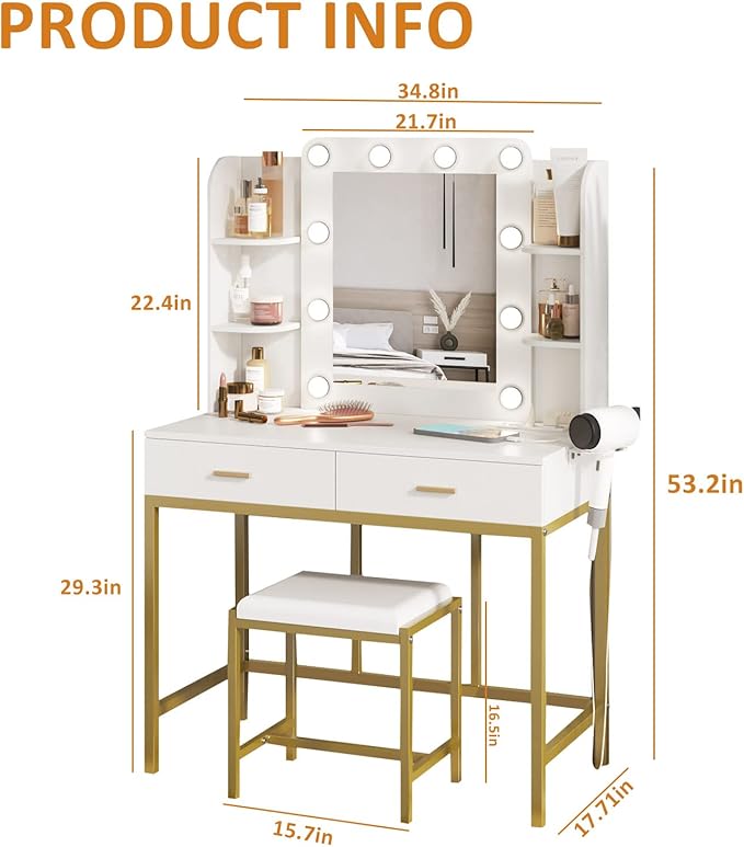 Vabches Vanity Desk with Mirror and 10 Led Lights, with Charging Station,Makeup Vanity Table Set with Lighted Mirror, with 3 Lighting Modes and 2 Drawers&Cushioned Stool for Bedroom