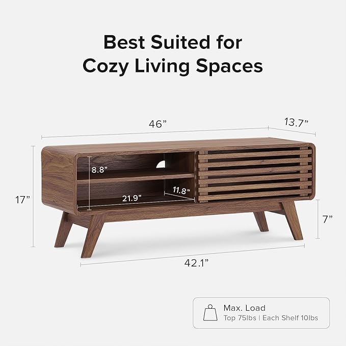 mopio Ensley 46" TV Stand with Slatted Door, Mid Century Modern Entertainment Center for 55/60/65 inch TV, Farmhouse Media Console with Storage, Adjustable Shelves, Round Edges, Living Room (Walnut)