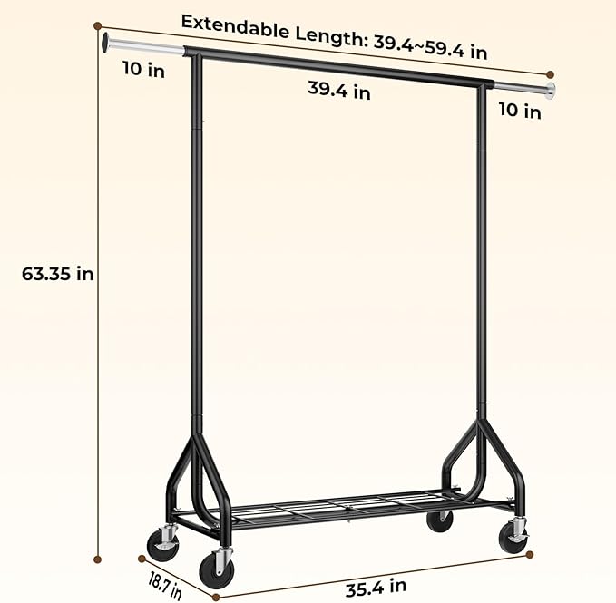 HYSEYY Heavy-Duty 450LBS Capacity Metal Clothes Rack，Rolling Clothing Rack with Wheels & Shelves, Portable Standing Wardrobe Rack for Hanging Clothes, Black (Black, L)