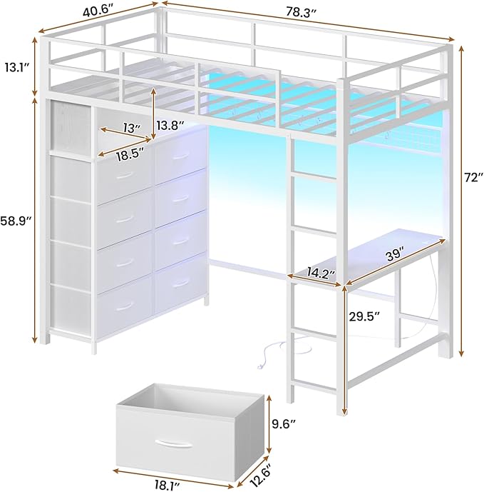 BTHFST Twin Loft Bed with Desk & 8 Storage Drawers Tall Dresser, White Metal Loft Bed with LED Lights & Charging Station, 2-Tier Storage Shelves, Stable & Sturdy, Noise Free, White