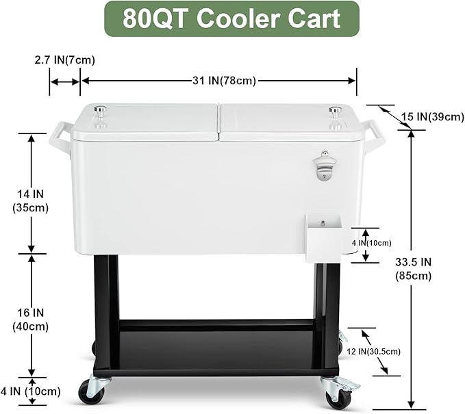 80 Quart Rolling Ice Chest Cooler Cart,Patio Backyard Party Drink Beverage Bar Stand Up Cooler Trolley with Ice Scoop