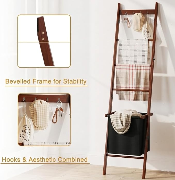 BAMBANG Bamboo Blanket Ladder with Basket, 5-Tier Quilt Rack Stand with 4 Hooks & Storage Hamper for Living Room Bathroom, Wall Leaning Decorative Ladder Shelf for Blankets Display (Brown)