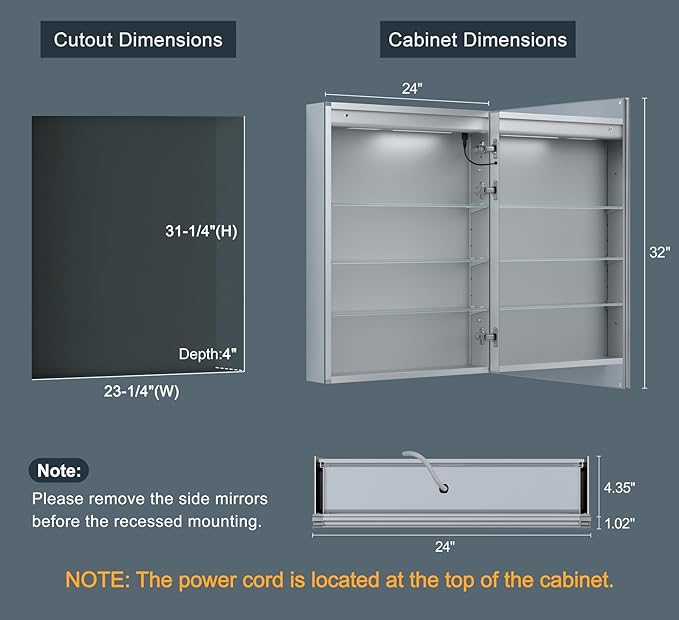 24x32 Inch Medicine Cabinet with Lights, AL Alloy Frame, Plug-in or Hardwired, Recessed or Wall Mount, 3 Colors/Dimmable/Interior Sensor Light/Defog,2 Outlets & USBs,3 Shelves (Right Hinge)