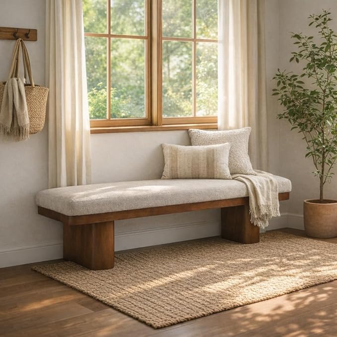 Christopher Knight Home 55" Chenille Upholstered Bench with Solid Rubber Wood Legs, Modern Farmhouse Bedroom Bench, Padded Entryway Bench Seat, Dining Bench for Living Room End of Bed, Light Brown