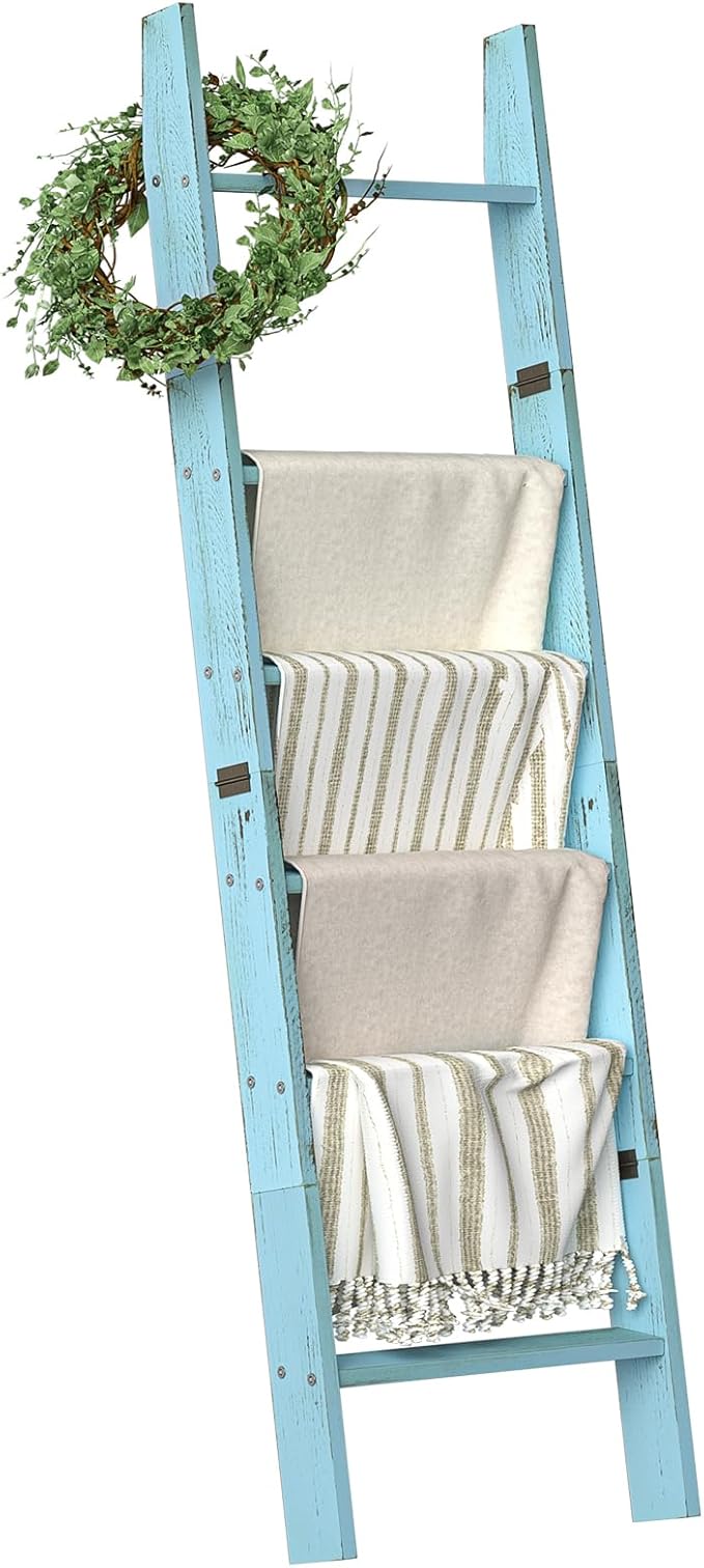 Honest Blanket Ladders for The Living Room, 6-Tier Blanket Holder, Wall-Leaning Blanket Rack, Ladder Shelves, Wooden Quilt Ladder, Farmhouse Decor, Blue