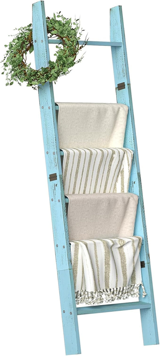 Honest Blanket Ladders for The Living Room, 6-Tier Blanket Holder, Wall-Leaning Blanket Rack, Ladder Shelves, Wooden Quilt Ladder, Farmhouse Decor, Blue