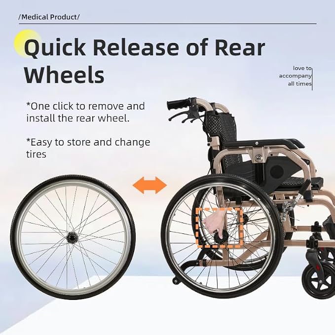 Lightweight Foldable Wheelchair for Adults - Aluminum Frame with Square Tube Design, 18" Seat & 22" PU Wheels, Front/Rear Locking Brakes, Champagne Gold