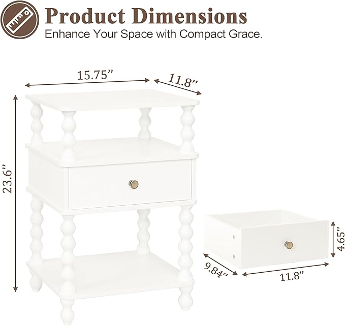 AWASEN White Nightstand, Bed Side Table Bedroom with Drawer, 3-Tier Small Night Stand End Table with Storage for Small Spaces &Solid Wood Spindle Legs, White