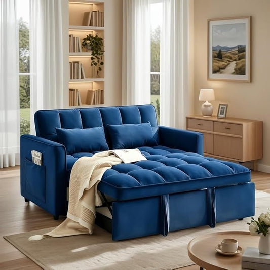 3 in 1 Convertible Sleeper Sofa Bed, Velvet Fabric Loveseat Sofa Bed with Adjustable Backrest & Large Side Pockets, Pull Out Couch for Small Spaces, Apartment, Living Room, Blue