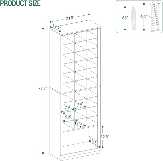 Hzuaneri 11 Tiers Shoe Storage Cabinet, Tall Shoes Cabinet with Cubby, Freestanding Wooden Shoe Organizer, 30-33 Pairs, Shoes Cubby Organizer for Entryway, Bedroom, White 02001BSR