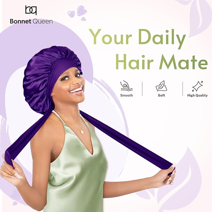 BONNET QUEEN Silk Bonnet for Sleeping Women Satin Bonnet Anti-Frizzy Night Sleep Cap Wrap for Curly Hair with Adjustable Tie Band,Purple