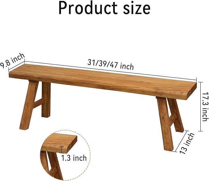 Rustic Solid Wood Bench Indoor, Farmhouse Entryway Bench with Sturdy Legs, Skinny Narrow Bench for Dining Hallway Entry Foyer End of Bed (31.49 inch Length)