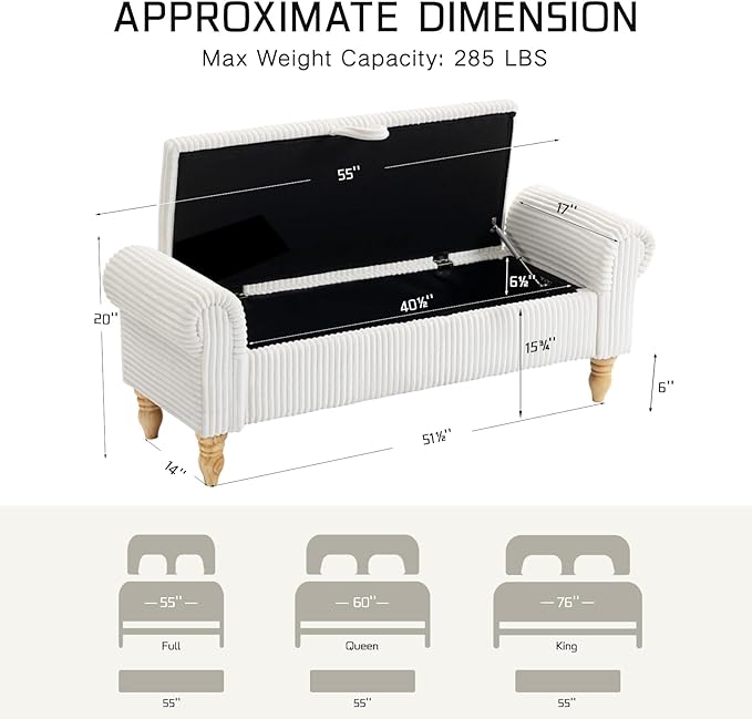 51.5" Bench for End of Bed Storage Benches, Queen End of Bed Bench Corduroy Upholstered Storage Ottoman Window Bench with Storage, for Bedroom, Entryway, Closet, White