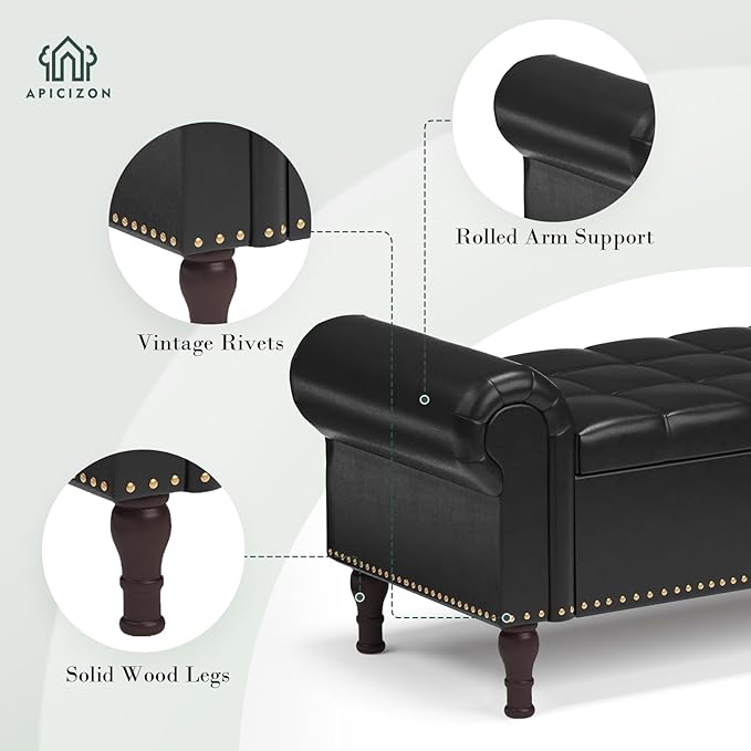 Apicizon 51” Bench with Storage, Queen Size Faux Leather End of Bed Bench with Tufted Button, Ottoman Bench with Rolled Arms & Vintage Rivets for Foot of Bed, Living Room, Entrance, Black