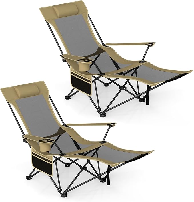 GYMAX Reclining Camping Chairs with Footrest, Lightweight Foldable Camping Chairs with Cup Holders, Adjustable Backrest, Headrest, Heavy Duty Camp Chair for Adult Outdoor Fishing Beach (Khaki,2)