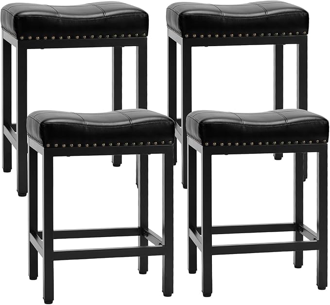 Sweetcrispy 24 inch Bar Stools Set of 4, Upholstered Modern Counter Height Bar Stools for Kitchen Island Modern PU Leather Sadless Stools Chair with Metal Base and Footrest,Black